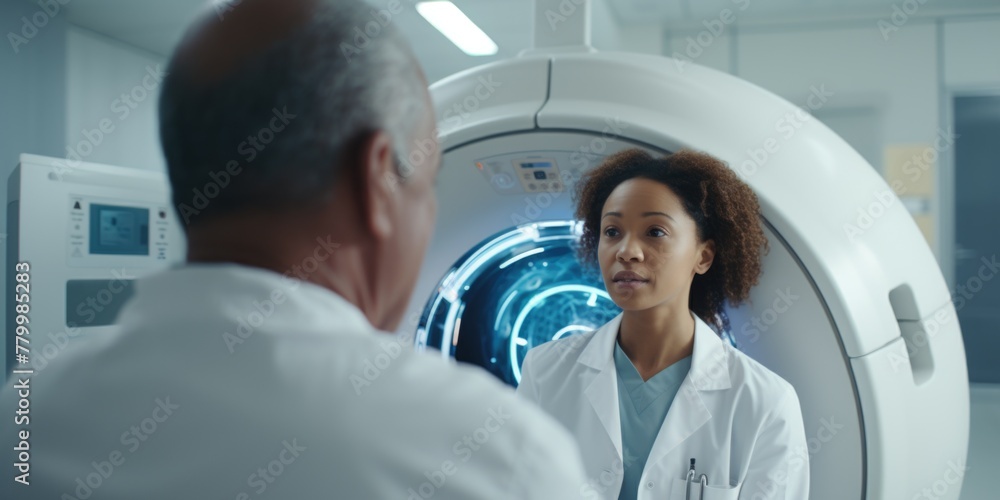A doctor and a patient are in a room with a large machine A doctor and a patient are in a room with a large machine