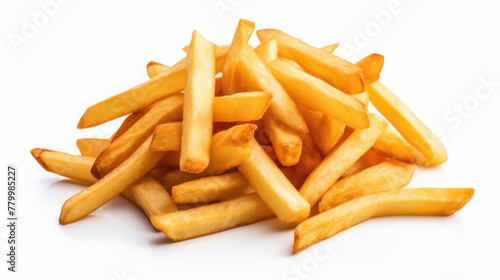 A pile of french fries on a white background. The fries are golden brown and appear to be freshly cooked