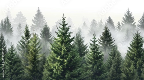 A forest of trees with a foggy mist in the background. The trees are tall and green, and the mist adds a sense of mystery and serenity to the scene © vefimov