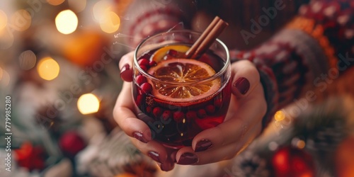 A person is holding a glass of red wine with a cinnamon stick in it
