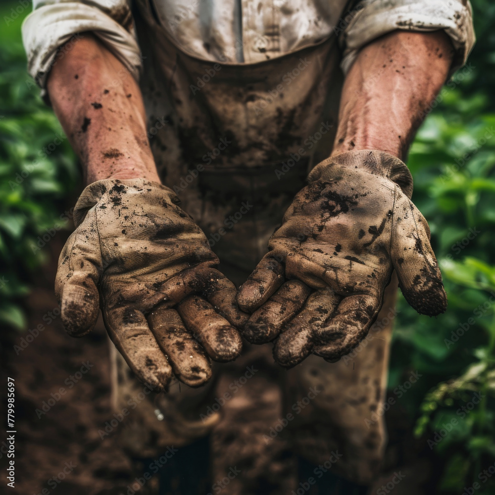 The farmer's hands, weathered and strong, coated in rich, dark mud from toiling in the fields. Each calloused finger bears witness to hours spent nurturing the earth, sowing seeds.