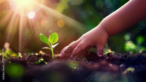 Childs Hand Reaching for Plant in Dirt