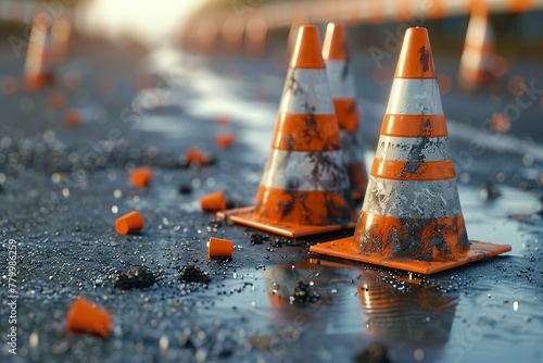 Safety First A Line of Orange and White Construction Cones Marking a Wet Road, Signifying Caution and Roadwork Ahead