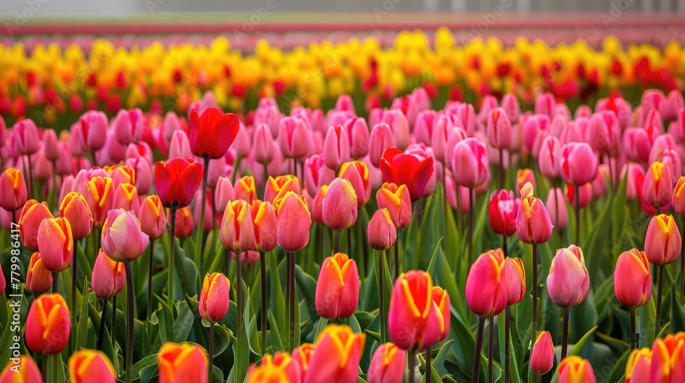 colorful tulips flowers field in garden 