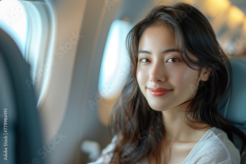 Smiling Asian woman enjoys the view from airplane window, radiating beauty and tranquility