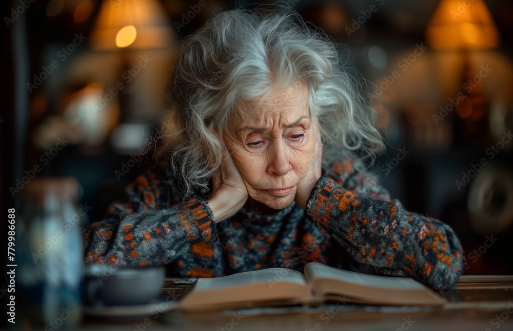 Senior woman weeps alone at table, hands hiding her face, sorrow filling the room Senior woman weeps alone at table, hands hiding her face, sorrow filling the room