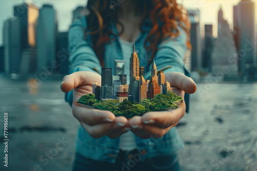 Close-up of woman's hands holding miniature New York City on an island, with city skyline in the background. Captivating urban miniature.
