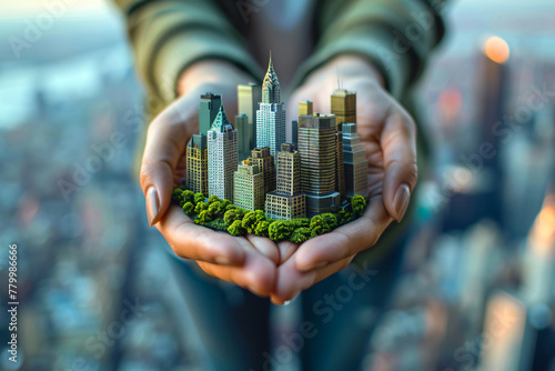 Close-up of woman's hands holding miniature New York City on an island, with city skyline in the background. Captivating urban miniature. © Pixelbus