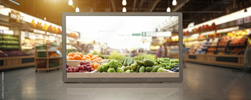 A mockup of a blank digital display in the vibrant fruit aisle of a bustling supermarket