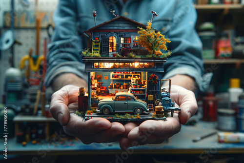 Close-up of a man's hands holding a tiny car repair shop on island, garage in the background photo
