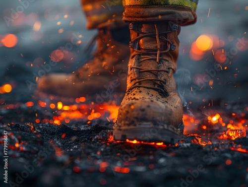 Firefighter s Boot on Scorched Ground with Embers and Faint Bokeh Symbolizing Aftermath and Hope photo