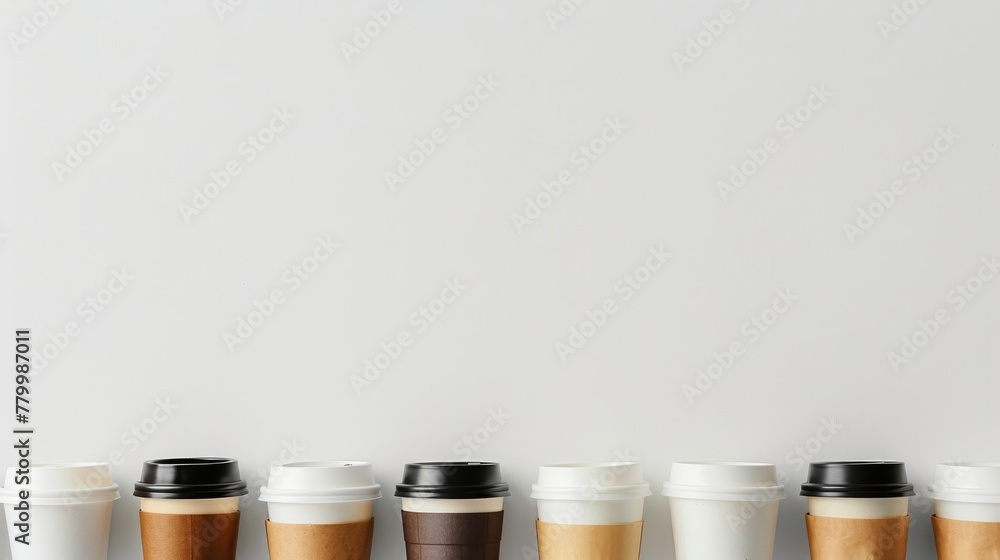 Eco-friendly disposable coffee cups lined up on minimalist background Eco-friendly disposable coffee cups lined up on minimalist background