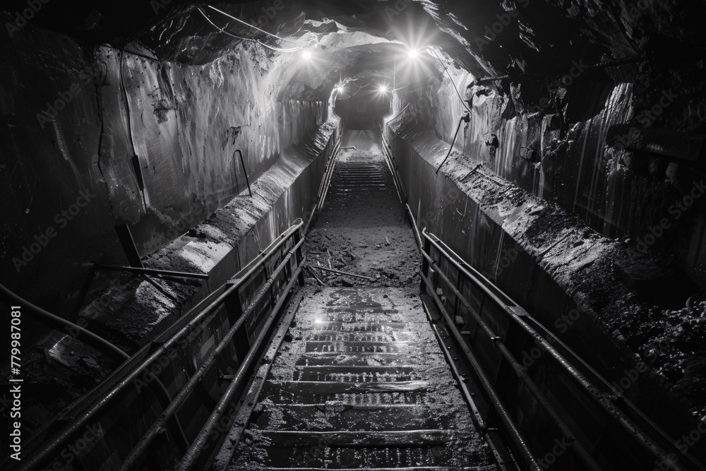 Naklejka premium A black and white image of a train emerging from a tunnel mining site, showcasing the powerful movement and contrast of light and shadow
