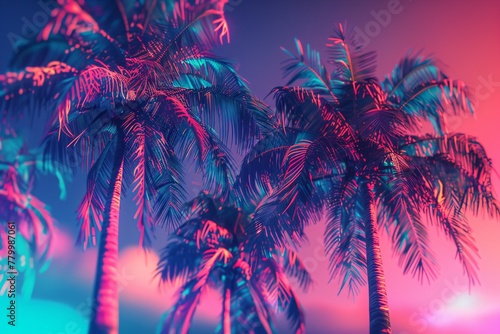 Palm trees at neon sunset. Summer vacation concept. Retrowave, synthwave, vaporwave aesthetics. Retro style, webpunk, retrofuturism. Illustration for design, print, poster © dreamdes