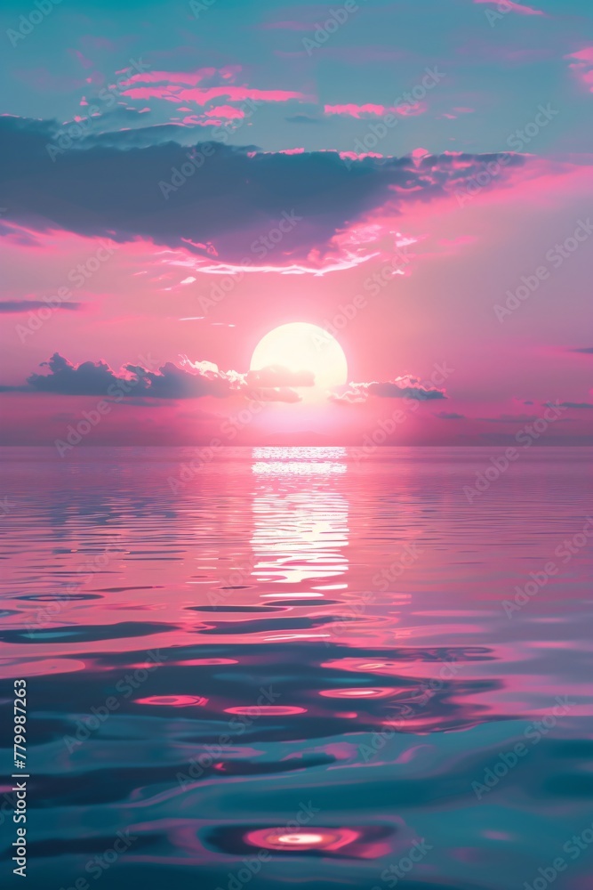 Tranquil sea at neon sunset. Summer vacation concept. Retrowave, synthwave, vaporwave aesthetics. Retro style, webpunk, retrofuturism. Illustration for design, print, poster, wallpaper Tranquil sea at neon sunset. Summer vacation concept. Retrowave, synthwave, vaporwave aesthetics. Retro style, webpunk, retrofuturism. Illustration for design, print, poster, wallpaper