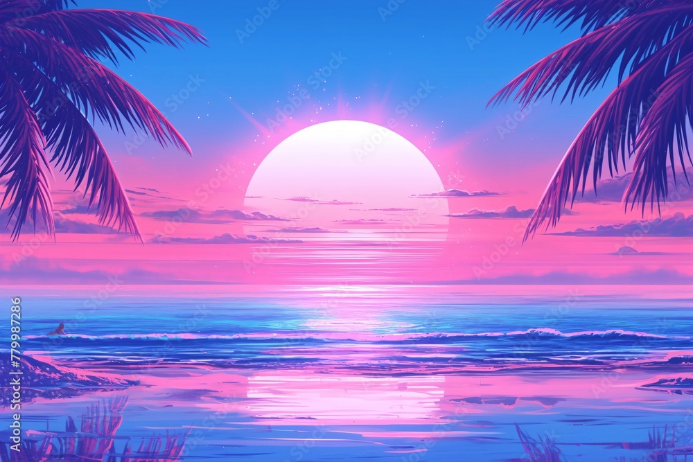 Tropical beach at pink neon sunset. Retrowave, synthwave, vaporwave aesthetics. Retro style, webpunk, retrofuturism. Illustration for design, print, poster, wallpaper. Summer vacation concept.