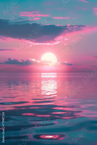 Tranquil sea at neon sunset. Summer vacation concept. Retrowave  synthwave  vaporwave aesthetics. Retro style  webpunk  retrofuturism. Illustration for design  print  poster  wallpaper