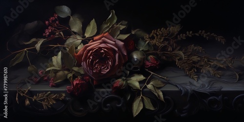 wilted pink rose and other flowers with green leaves on a marble slab, dark background, still life, oil painting, realism, muted colors