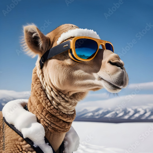 Camel wearing sunglasses at a winter resort
