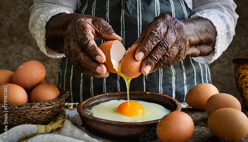 Close-up of an Elderly Black Woman Cracking an Egg, with Focus on the Egg, in a Simple and Rustic Setting. photo