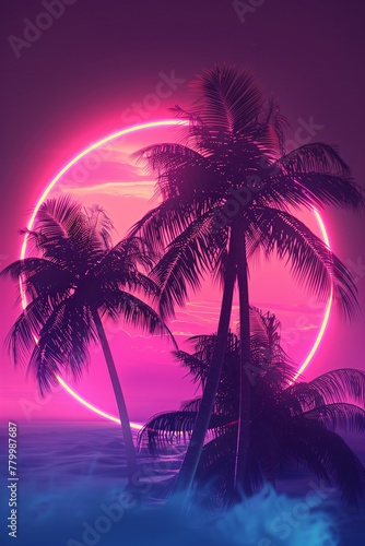 Palm trees with a neon circle in the background. Retrowave, synthwave, vaporwave aesthetics. Retro style, webpunk, retrofuturism. Illustration for design, print, poster, wallpaper. Summer vacation  © dreamdes