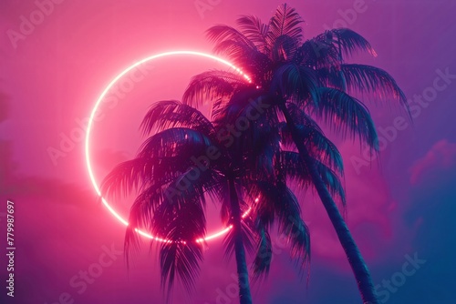Palm trees with a neon circle in the background. Retrowave  synthwave  vaporwave aesthetics. Retro style  webpunk  retrofuturism. Illustration for design  print  poster  wallpaper. Summer vacation 