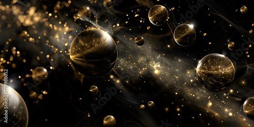 luxurious cosmic backdrop painted in deep cosmic black, adorned with shimmering golden spheres, exuding an aura of opulence and mystery. Ideal for high-end branding and luxury-themed designs