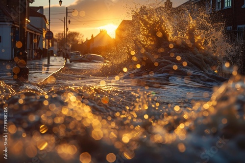 The sun sets over a flooded street  casting a warm glow on the water and highlighting the submerged road signs and debris