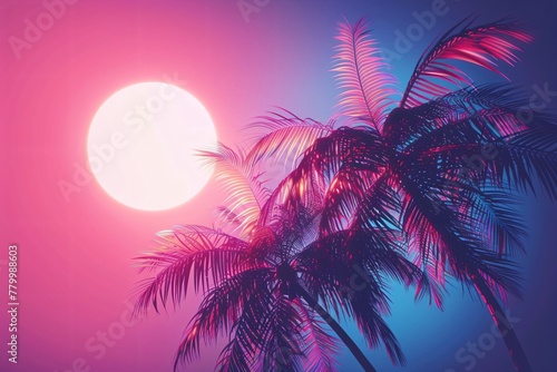 Palm trees against a neon sunset. Retrowave, synthwave, vaporwave aesthetics. Retro style, webpunk, retrofuturism. Illustration for design, print, poster. Summer vacation concept. photo