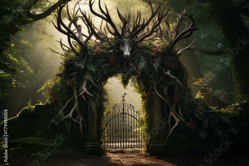 Majestic Deer stag waiting gateway. Amazing background. Generate Ai