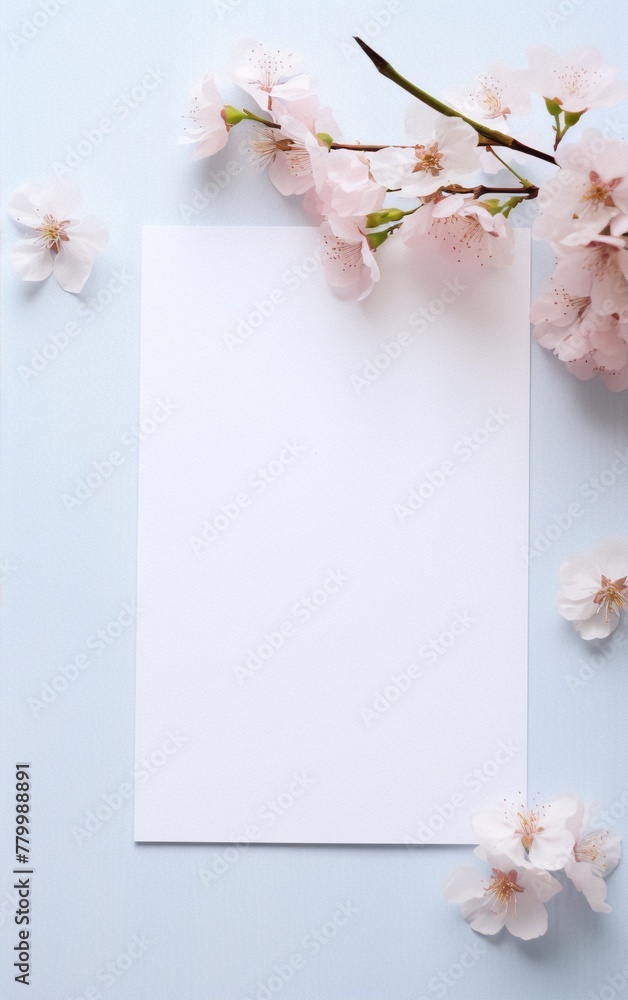 Light pink cherry blossom flowers on a pastel blue background with a blank white card. Light pink cherry blossom flowers on a pastel blue background with a blank white card.