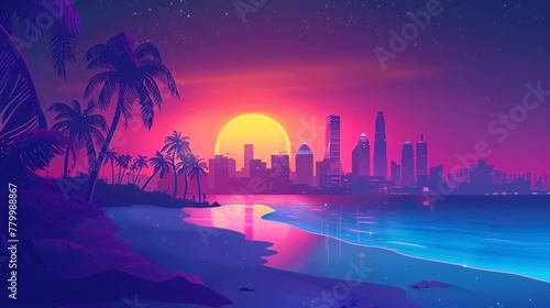 Palm trees and city skyline at sunset. Retrowave, synthwave, vaporwave aesthetics. Retro style, webpunk, retrofuturism. Illustration for design, print, poster with copy space. Summer vacation concept.
