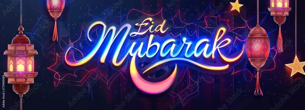 Blue and yellow glowing neon text Eid Mubarak - obrazy, fototapety, plakaty 