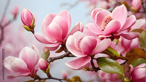 Close-up of vibrant pink magnolia flowers highlighting the beauty and freshness of spring, signaling the change of seasons