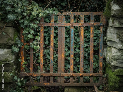 A rusty gate with ivy growing through it. The gate is old and rusted, with a few green leaves poking through the bars. The scene has a somewhat eerie and abandoned feel to it