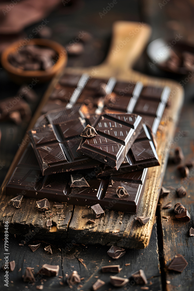 Dark chocolate on a wooden board Dark chocolate on a wooden board
