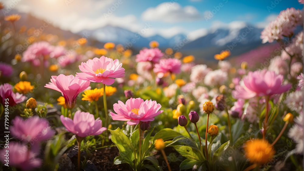 Obraz premium A scenic display of vivid pink flowers blossoming against a backdrop of majestic mountains inviting the freshness of spring