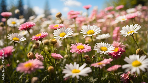 A field of daisies capturing the essence of spring with their vibrant colors and full blossoms These flowers symbolize new beginnings and the beauty of nature