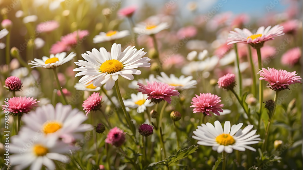 A warm spring day is captured with wildflowers, focusing on daisies under the soft sunlight A warm spring day is captured with wildflowers, focusing on daisies under the soft sunlight