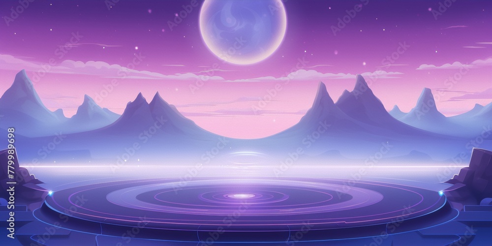 Fantasy landscape with a large moon and a glowing platform in the foreground. Fantasy landscape with a large moon and a glowing platform in the foreground.