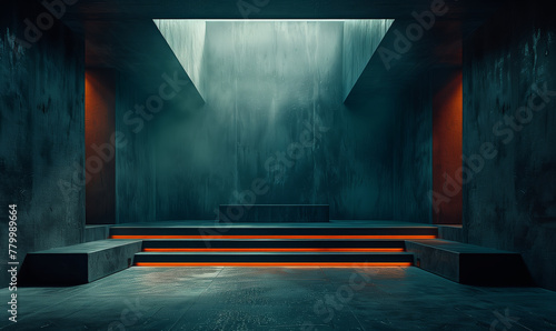 a blue gray stage with a skylight on it 