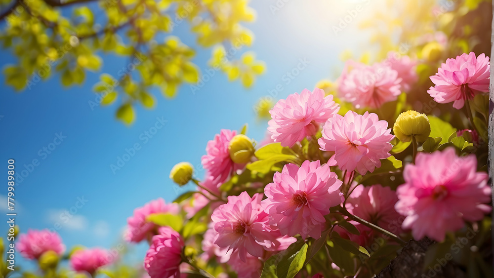 A breathtaking view of radiantly blooming pink flowers contrasted against a vivid blue sky, embodying the essence of spring and new life A breathtaking view of radiantly blooming pink flowers contrasted against a vivid blue sky, embodying the essence of spring and new life