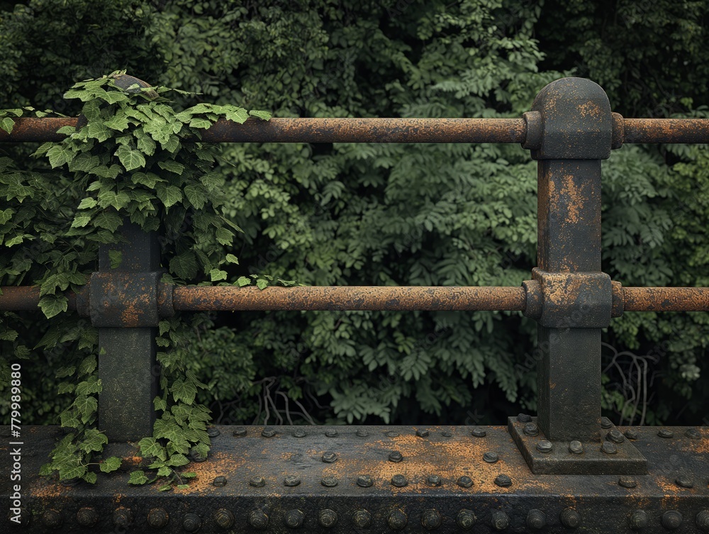 A rusty metal fence with green ivy growing on it. The fence is surrounded by a lush green forest