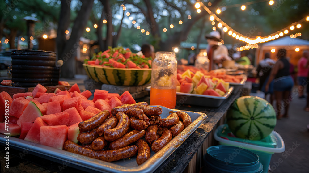 Summer Evening Barbecue Party with Grilled Food and Watermelon