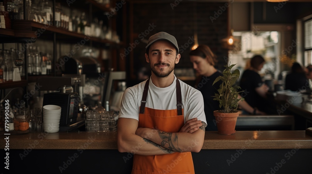 Portrait photograph of barista cafe employee standing behind bar Portrait photograph of barista cafe employee standing behind bar