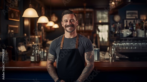 Portrait photograph of barista cafe employee standing behind bar