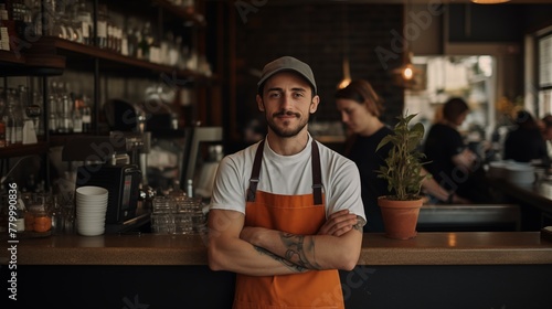 Portrait photograph of barista cafe employee standing behind bar