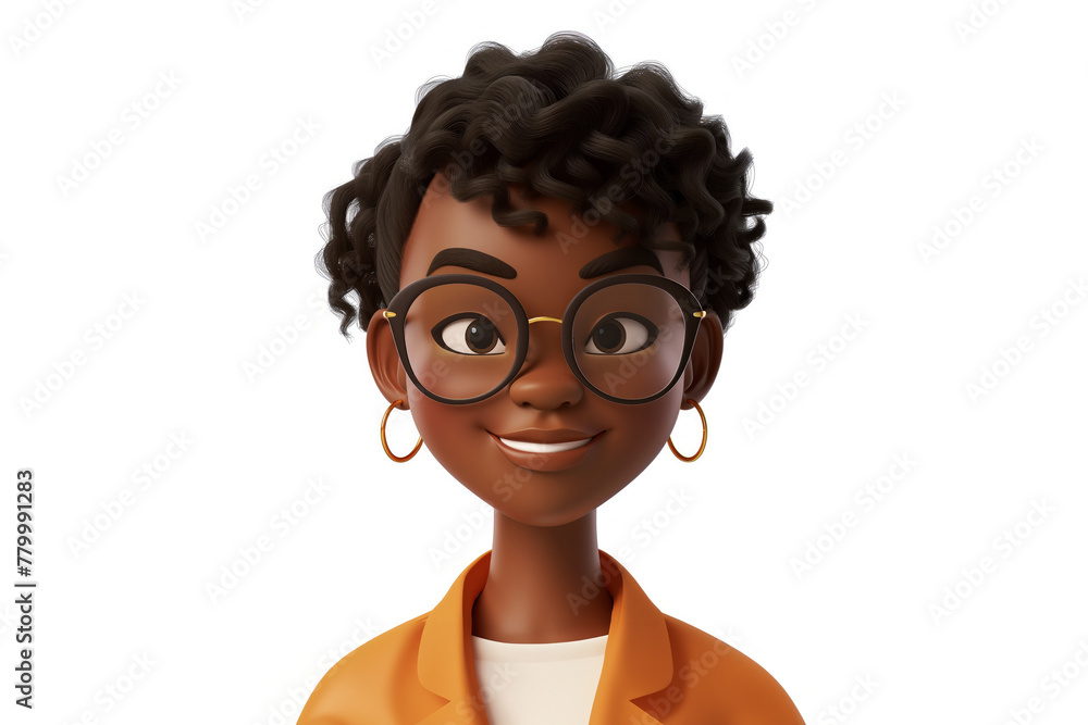 Slightly smiling African cartoon character young woman female person wearing yellow jacket in 3d style design on light background. Human people feelings expression concept Slightly smiling African cartoon character young woman female person wearing yellow jacket in 3d style design on light background. Human people feelings expression concept