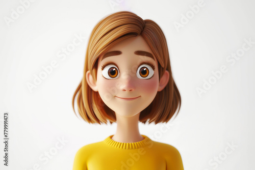 Slightly smiling friendly cartoon character young adult woman female person portrait in 3d style design on light background. Human people feelings expression concept