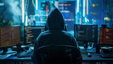 hacker with computer and data code in neon color room. cyber attack concept.